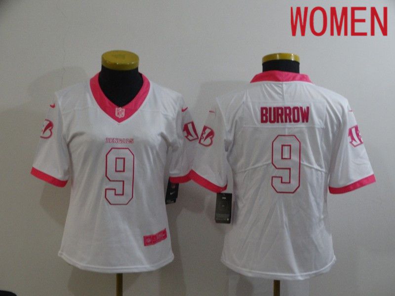 Women Cincinnati Bengals #9 Burrow Pink white Nike Vapor Untouchable Limited 2020 NFL Nike Jerseys
